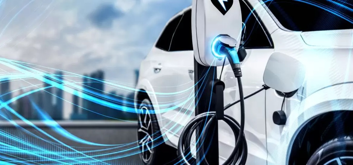 A futuristic illustration depicting a white car connected to EV charging cable
