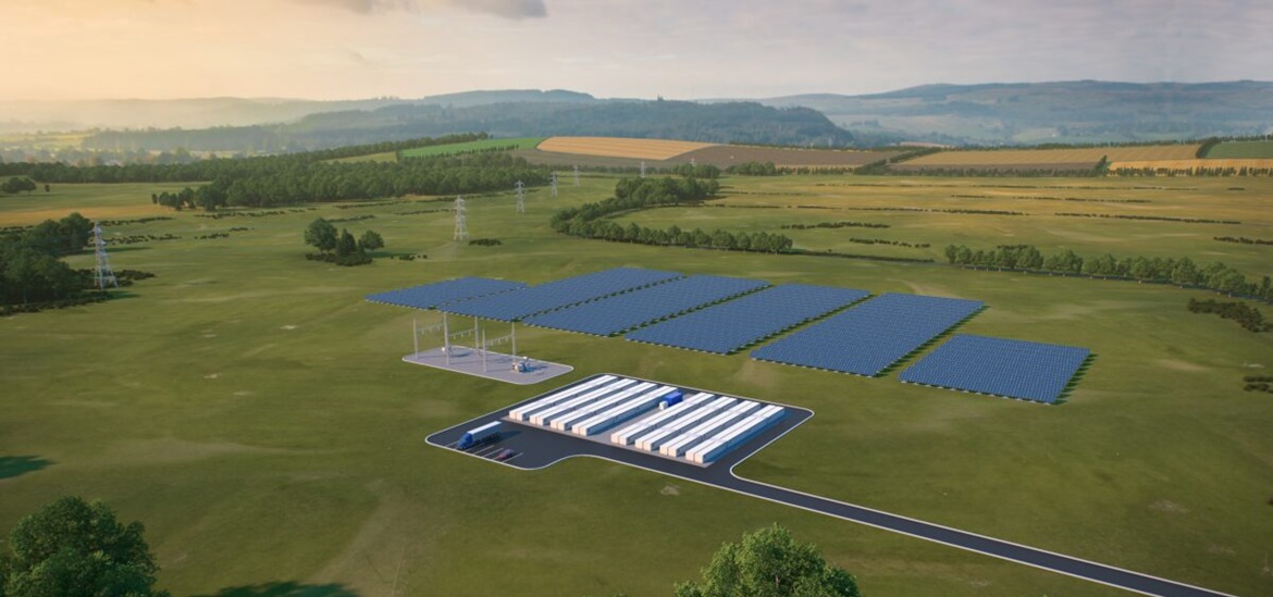 a rendering of a long-duration energy storage project: bird perpective showing solar panels, a facility building and a road in the field 