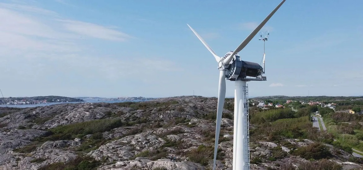 rst wooden wind turbine installed by Modvion on a rocky ground