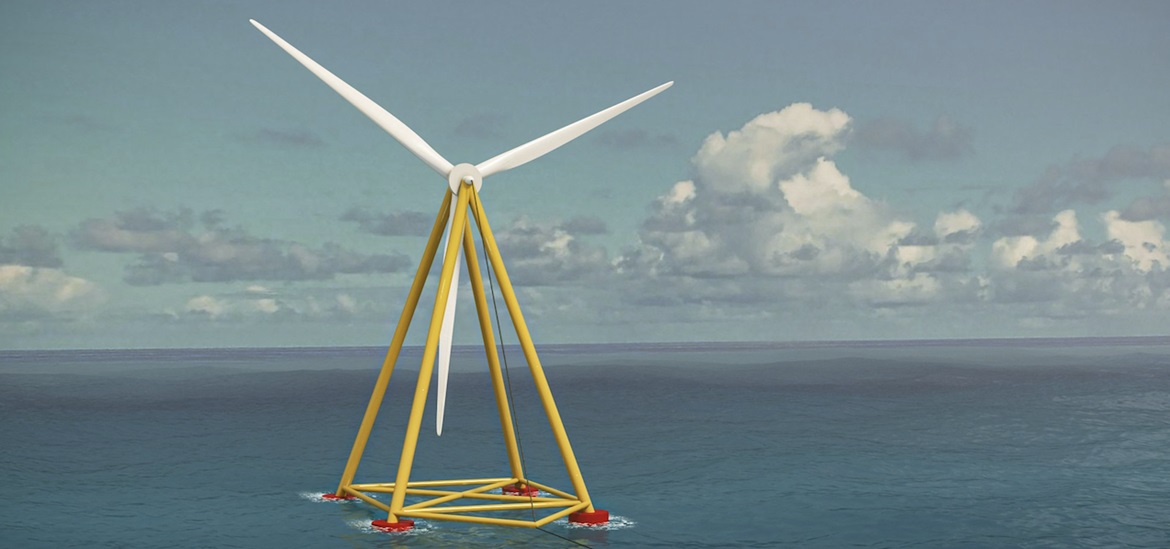 An artist’s impression of what T-Omega Wind’s full-scale floating platform and turbine will look like: a pyramid shaped platform floating in the sea, holding a wind turbine