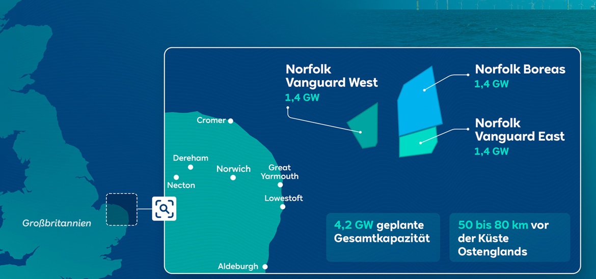 a graphic depicting the map with the areas in the UK, where the offshore wind project should take place