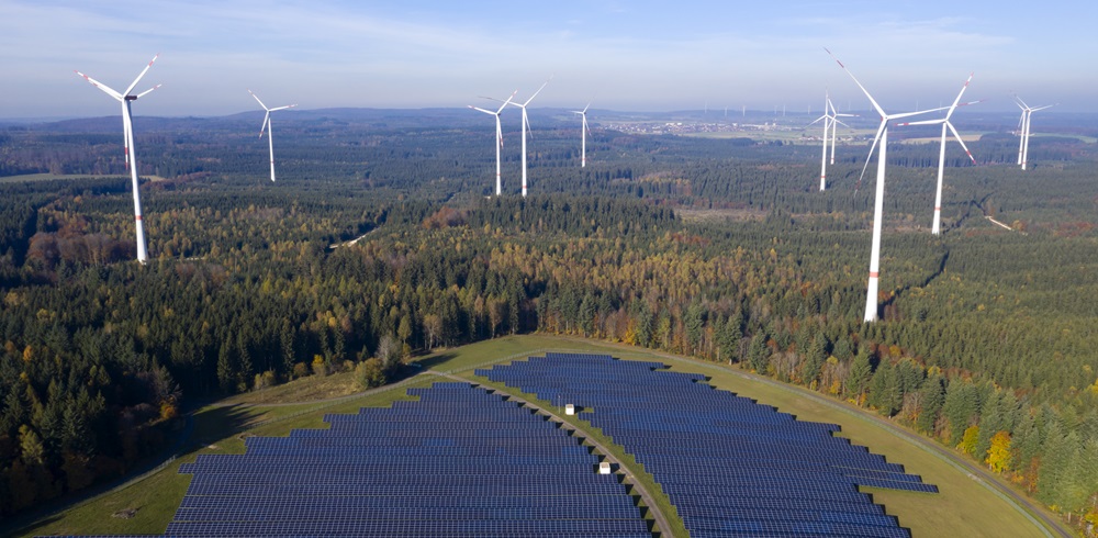 Solar farm in the field surrounded by woods and windmills in the back