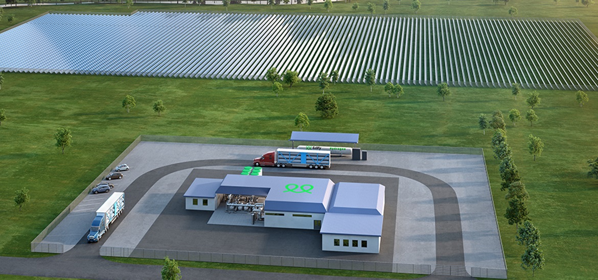 3D render illustration of a Hydrogen Hub: Edify facility with the logo on the roof and a few cars and a truck parked in a parking lot of the Hub, surrounded by greens and nature