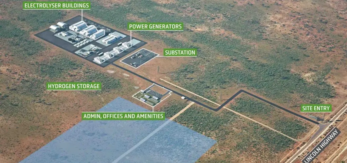 A map of the proposed hydrogen facility near Whyalla: electrolyser buildings, generator and substation in the left upper corner, connected by a rode with the site entry on the Lincoln Higway in the lower right corner, and admin, offices and amenities facilities in the middle.