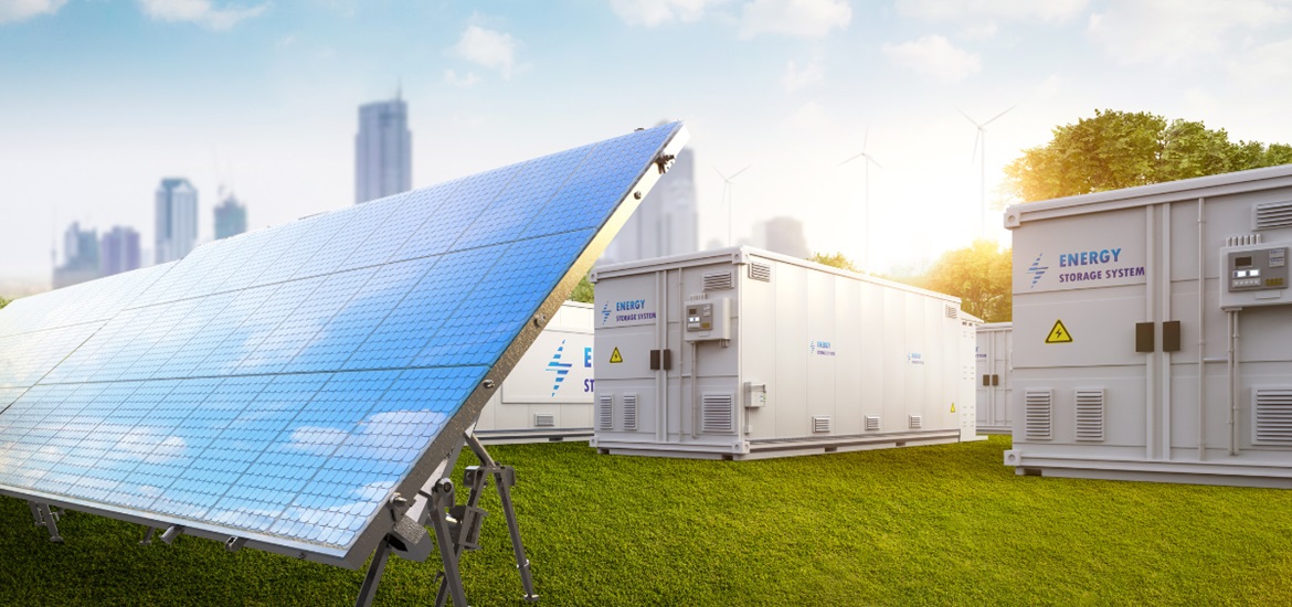 Energy Storage Systems and solar pannels on the green meadow