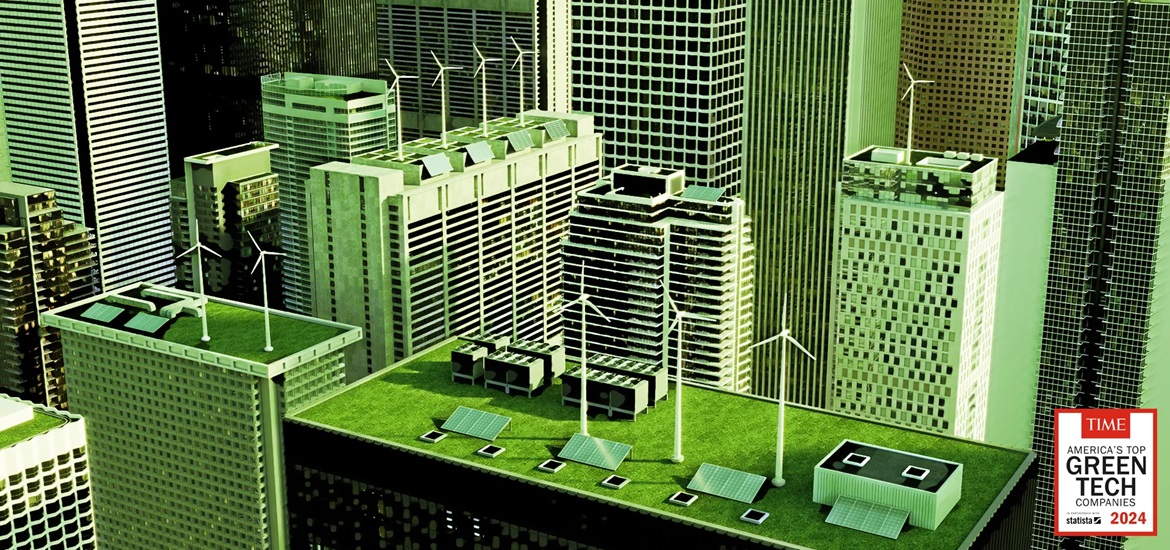 Photo of a city rooftops with green filter over it 