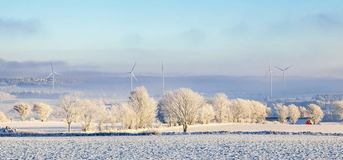 Photo of five wind turbines scattered around in snow covered nordic field sorrounded by woods