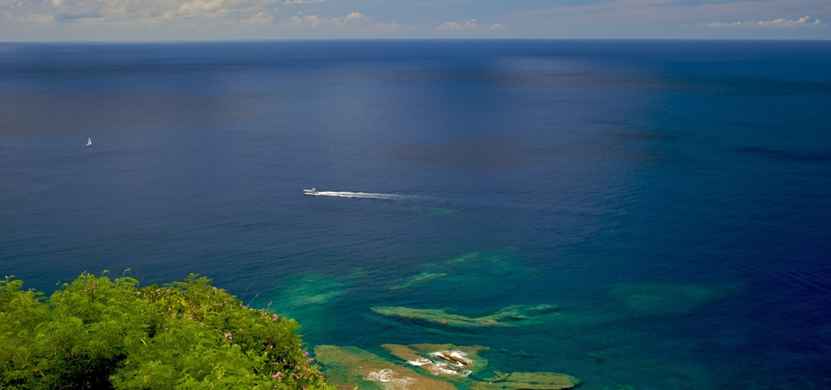 Japan's Ogasawara Islands in the Pacific Ocean: a motor boat in the ocean near the shore 