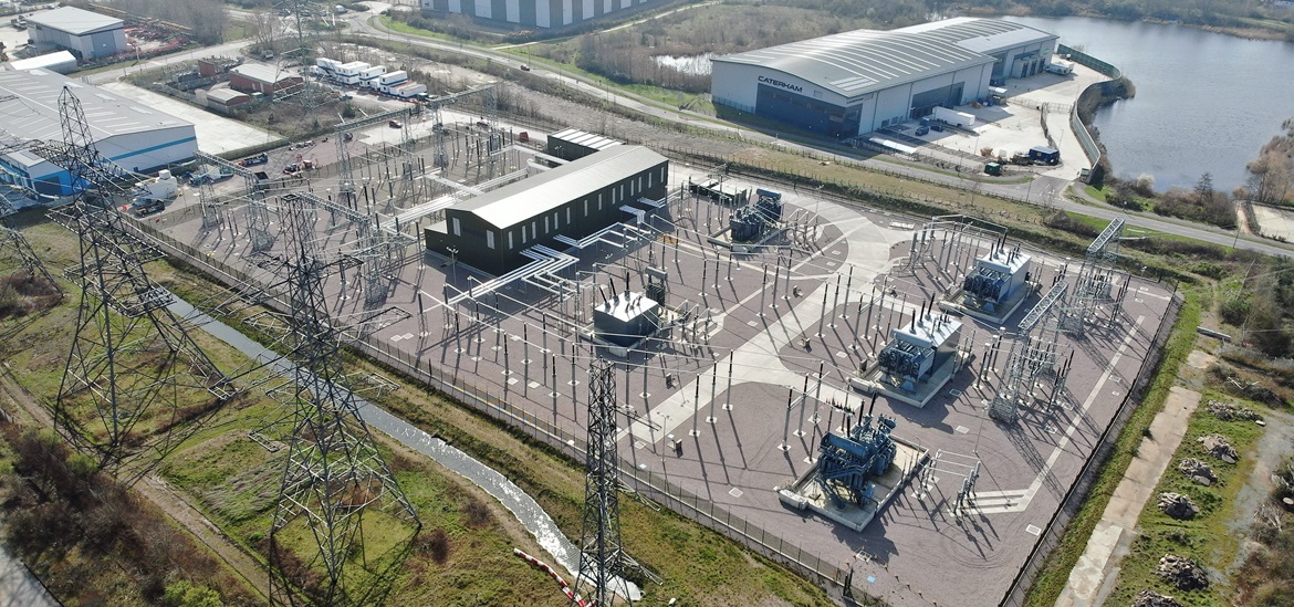 National Grid's substation in Dartford taken from air, showing a few transformers connected to the grid