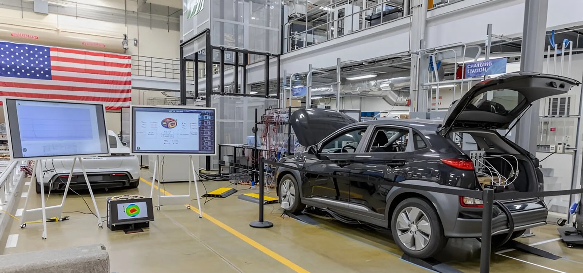 Inside of the ORNL's laboratory: a black car with open doors connected to monitors