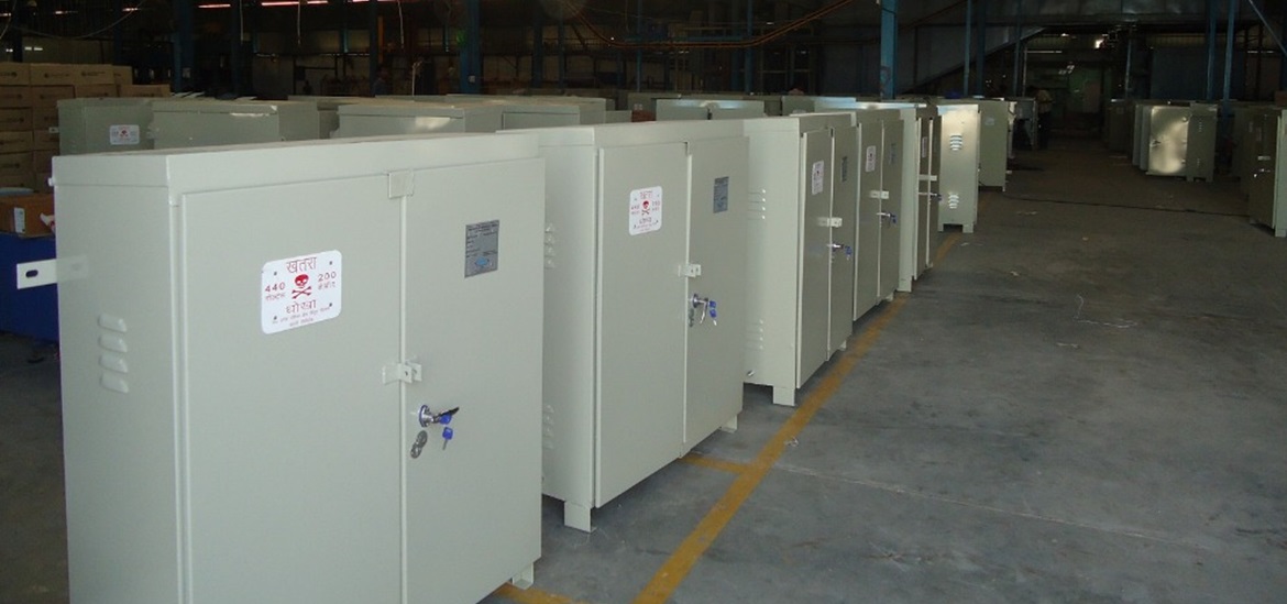white DT meter enclosures divided in rows inside of a storage facility 
