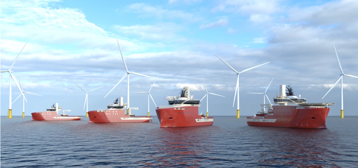 Offshor wind farm and 4 red maintenance cargo boats 