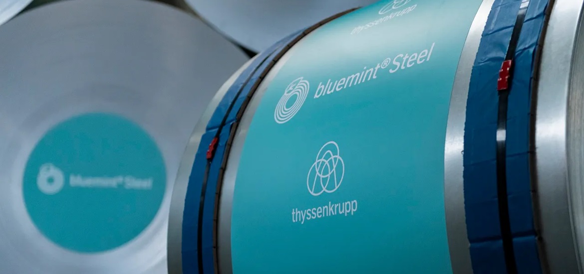 blue packed CO2-reduced steel for the production of bluemint® powercore® from thyssenkrupp Electrical Steel
