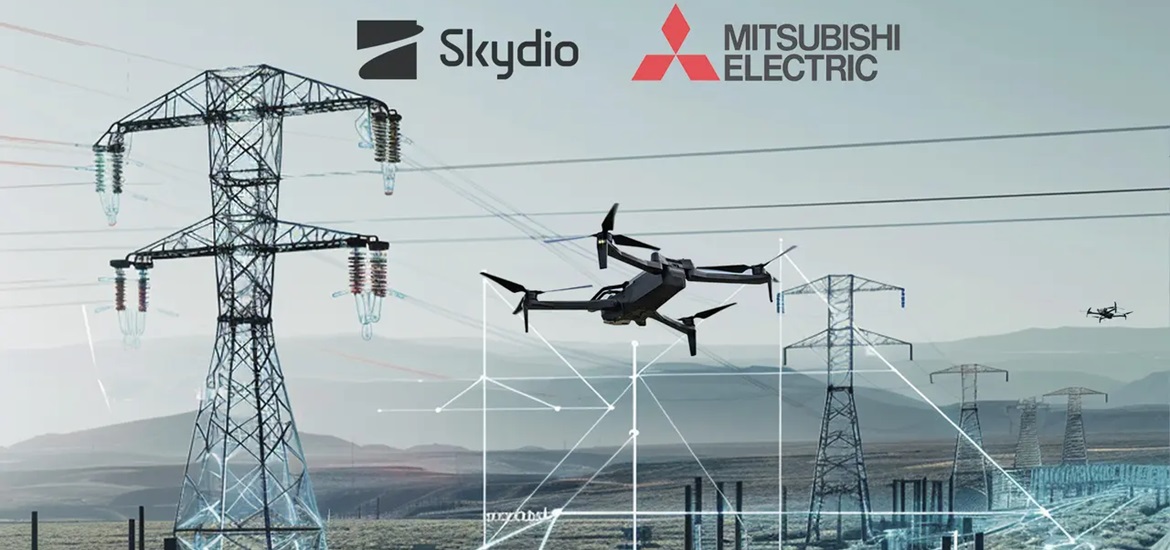 An futuristic illustrative image of electric towers connected with power lines and a drone above them
