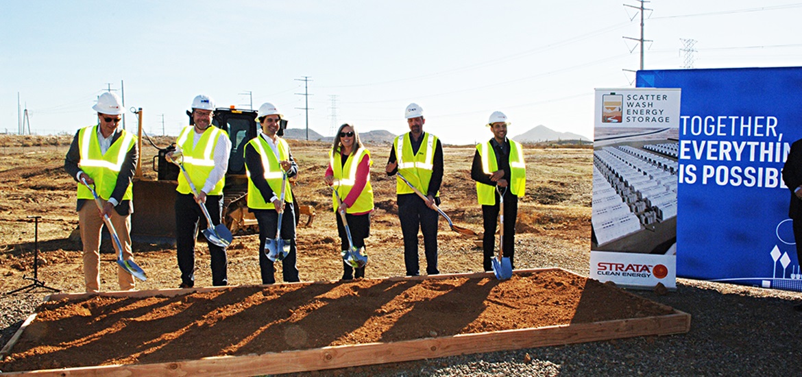 Strata Clean Energy President Josh Rogol breaks ground on the Scatter Wash battery storage complex with partners, local dignitaries