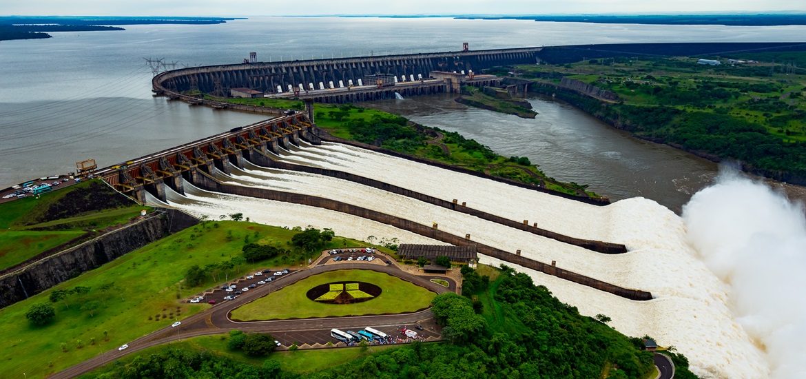 Photo of a dam at a hydro power plant, taken from air