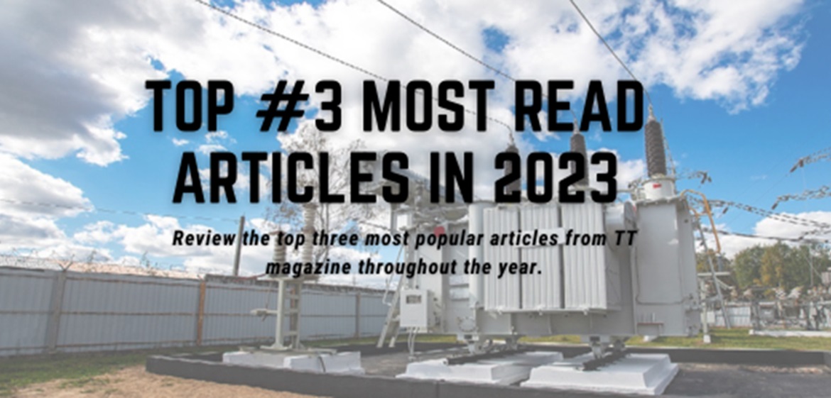 Text: Top #3 most red articles in 2023 against semi-transparent background of a transformer