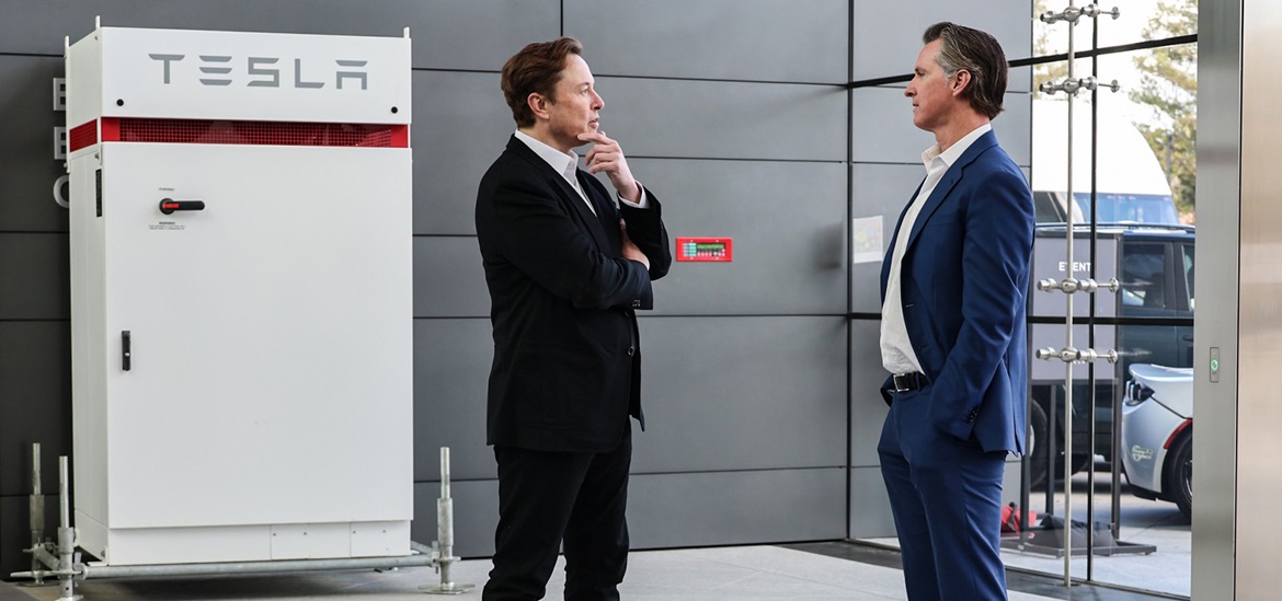 California Gov. Gavin Newsom and Elon Musk at Tesla's new global engineering and AI headquarters in Palo Alto