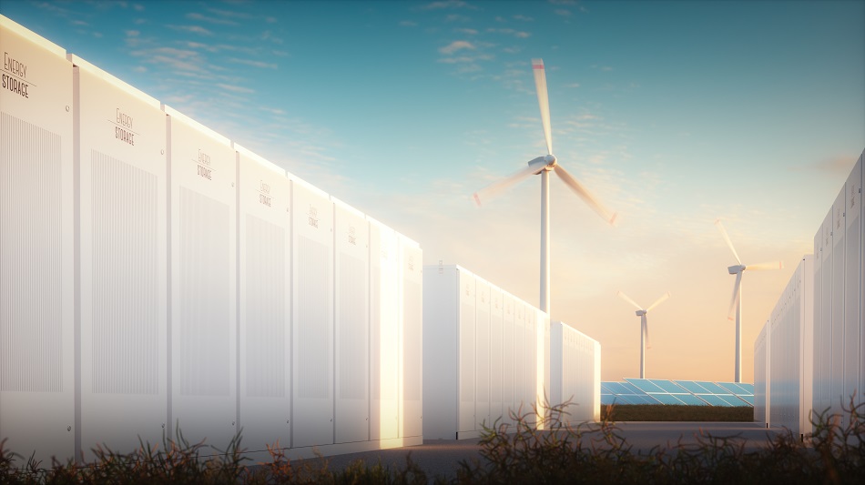 The concept of saving energy from renewable sources. 3d illustration of a modern battery system with a background of solar wind power plants in a warm evening light.