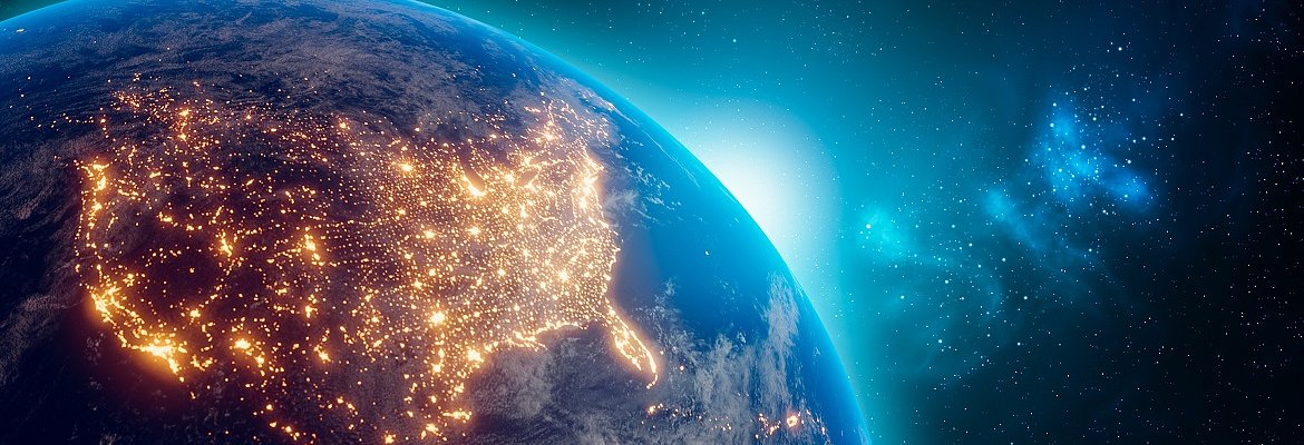 Earth at night from outer space with city lights on North America continent. 3D rendering illustration. Earth map texture provided by Nasa. 