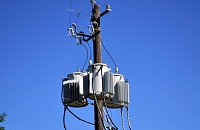 power transformers on a wooden pole