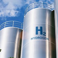 Hydrogen renewable energy production - hydrogen gas for clean electricity solar and windturbine facility.