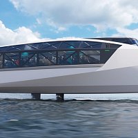 Rendering of a futuristic looking high-speed foiling passenger ferry on the sea surface