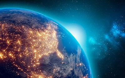 Earth at night from outer space with city lights on North America continent. 3D rendering illustration. Earth map texture provided by Nasa. 