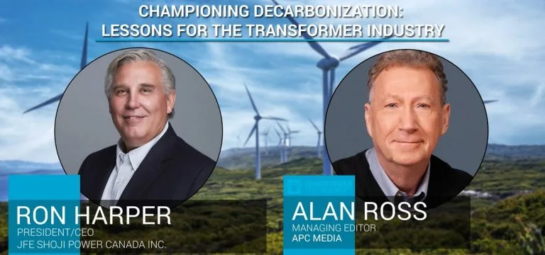 Two men's portraits are displayed against a background of wind turbines and a cloudy sky.