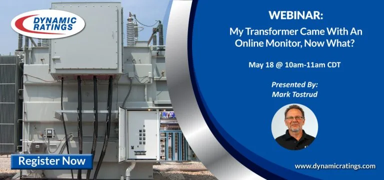 A webinar advertisement for a presentation by Mark Tostrud featuring a large electrical transformer.